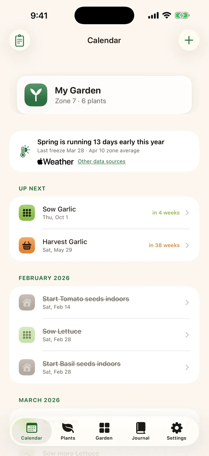 The Dibble calendar for Zone 7 with a card reading spring is running 13 days early this year, citing a last freeze of March 28 against an April 10 zone average, credited to Apple Weather.